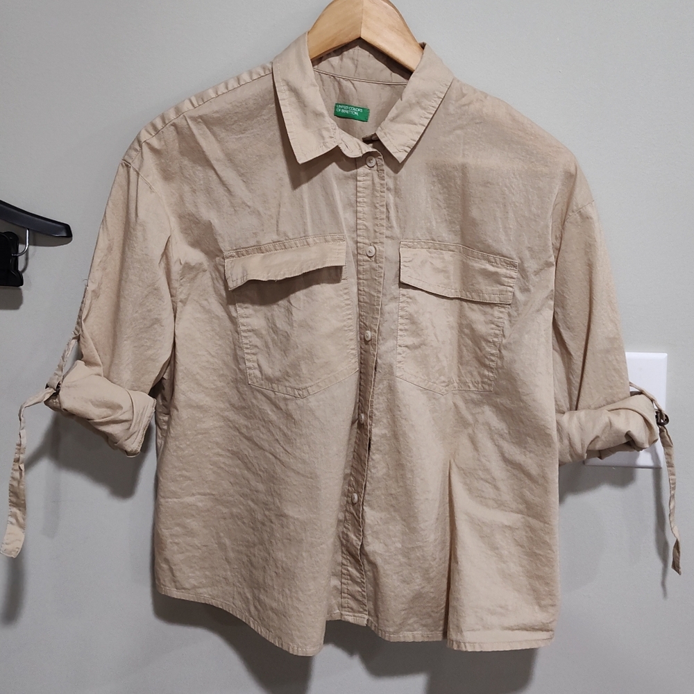 United Colors of Benetton women's long sleeve button up dress Khaki shirt Size S